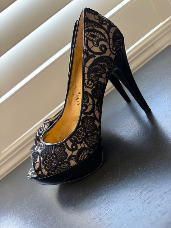 Guess Shoes - Guess Black Lace Peep-Toe Platform Stilettos